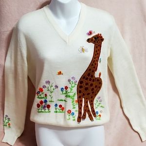 Vintage 70s Embroidered Giraffe Sweater Shirlee Designs Sz M